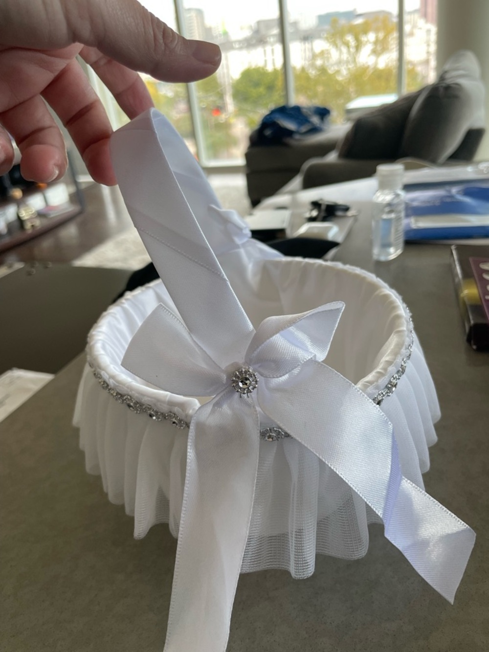 White Satin & Tulle Flower Girl Basket with Bow